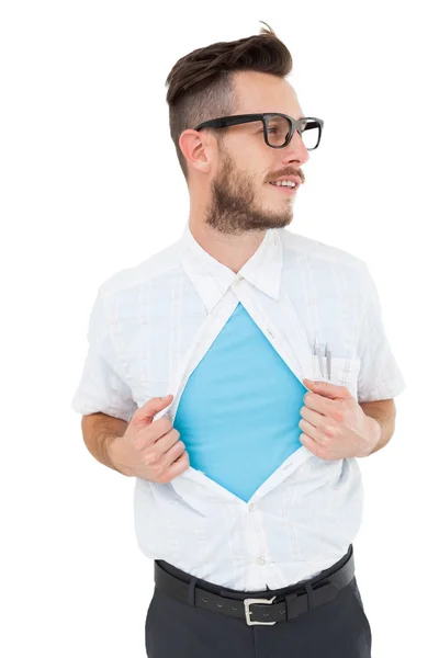 Geeky hipster opening shirt superhero style — Stock Photo, Image