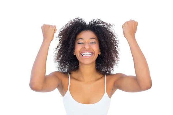 Chica bonita en blanco superior animando a la cámara — Foto de Stock