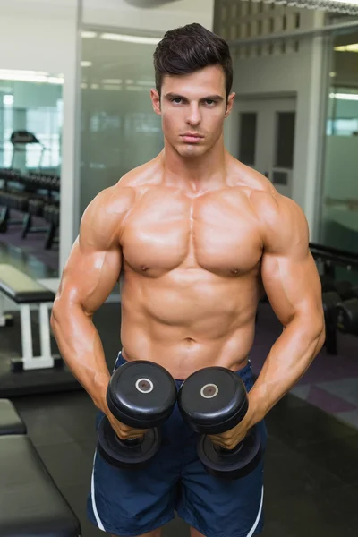 Shirtless muscular man flexing muscles with dumbbells in gym — Stock Photo, Image