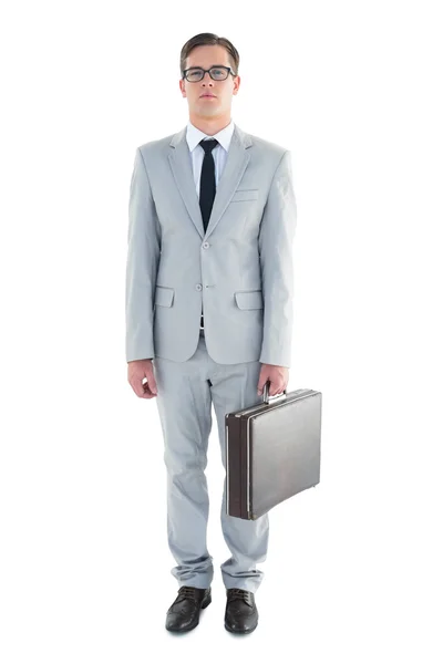 Geeky businessman holding his briefcase — Stock Photo, Image