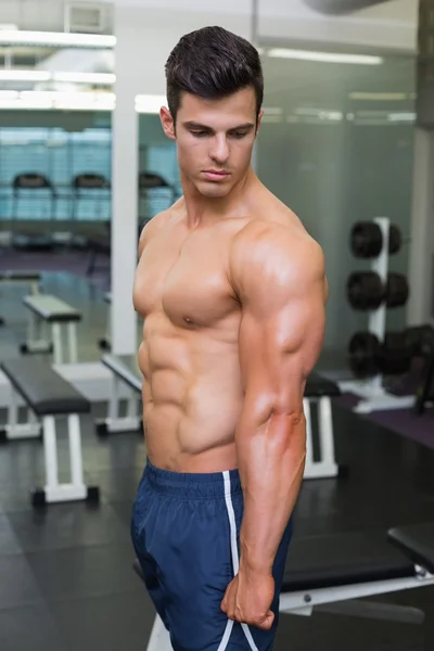 Sin camisa musculoso hombre posando en gimnasio — Foto de Stock