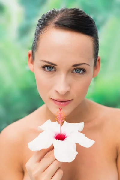 Beautiful nude brunette smelling lily looking at camera Royalty Free Stock Photos