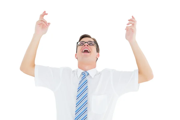 Nördigt glad affärsman med armar upp — Stockfoto