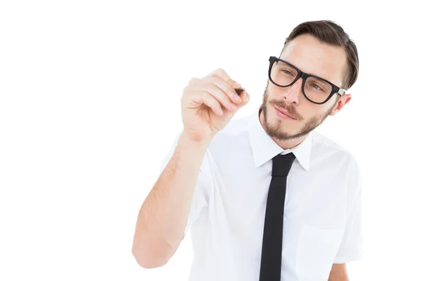 Geeky businessman writing with marker — Stock Photo, Image