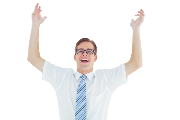 Geeky feliz hombre de negocios con los brazos arriba — Foto de Stock