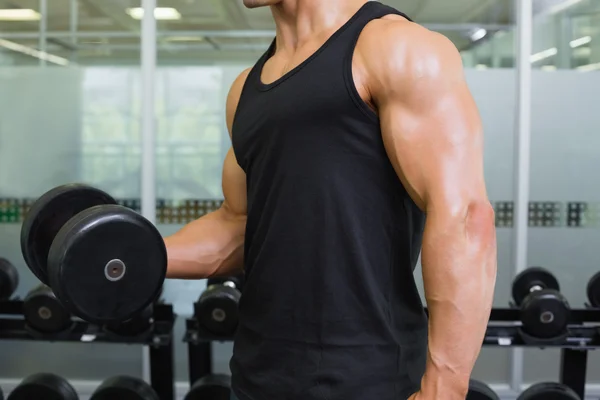 Muskularny mężczyzna wykonujący rezygnować hantle w siłowni — Zdjęcie stockowe