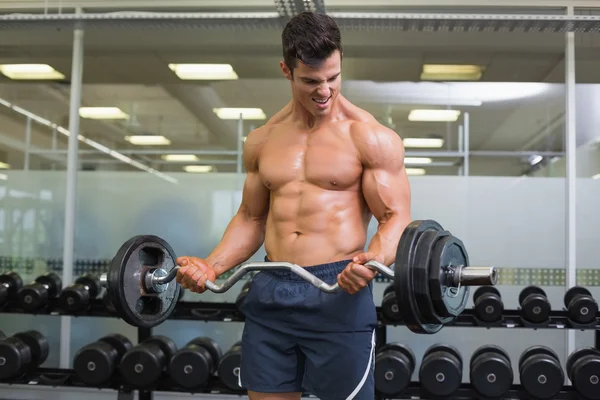 Hombre musculoso sin camisa levantando barra en el gimnasio — Foto de Stock