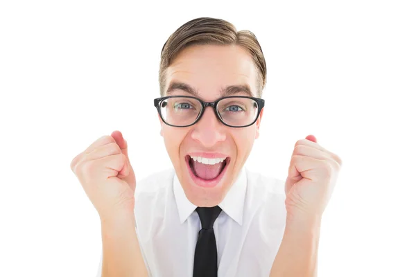 Geeky young hipster cheering at camera — Stock Photo, Image