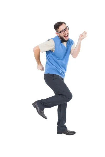Geeky hipster dancing and smiling — Stock Photo, Image