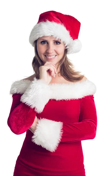 在圣诞老人服装微笑的漂亮女人的画像 免版税图库图片