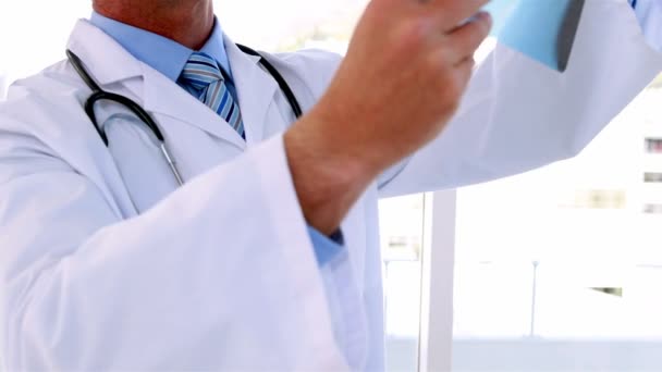 Arzt hält Röntgenbild hoch, um es zu untersuchen — Stockvideo