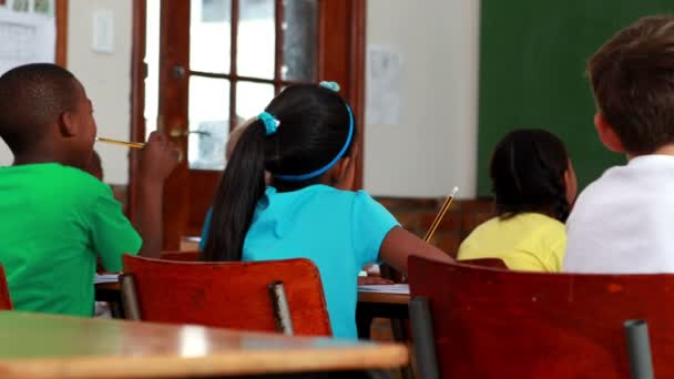 Pupils listening to their teacher at chalkboard — Stock Video