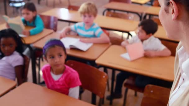 Lehrer lächelt an der Spitze des Klassenzimmers — Stockvideo