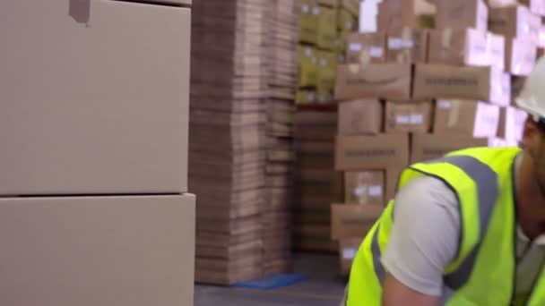 Trabajador empacando paleta de cajas — Vídeo de stock