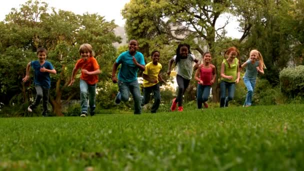 Alumnos corriendo en el césped fuera de la escuela — Vídeos de Stock