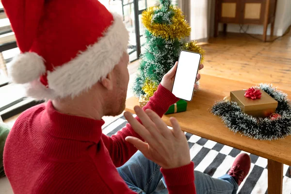 Albino Afro Amerikaanse Man Met Een Kerstmuts Die Een Videogesprek — Stockfoto