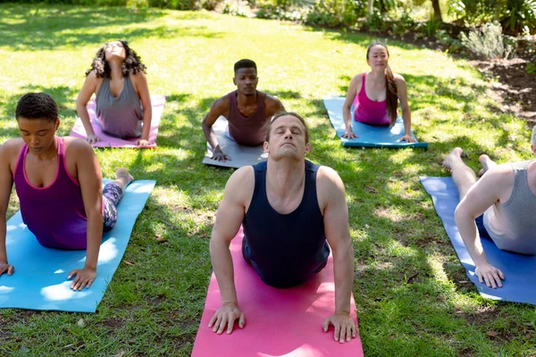 Group Diverse Female Male People Practicing Yoga Outdoors Fitness Healthy — Stock Photo, Image