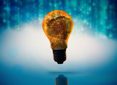 Lines of blue blurred letters falling against orange circuit board light bulb clipart