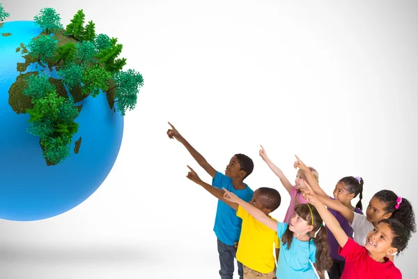 Leerlingen wijzen met vignet met globe — Stockfoto