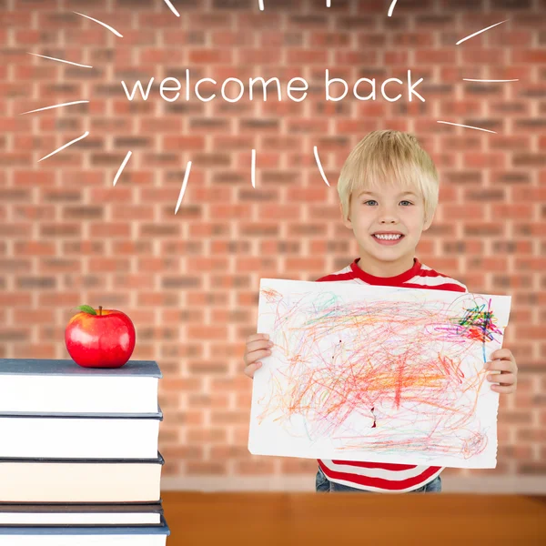 Välkommen tillbaka mot rött äpple på högen av böcker — Stockfoto