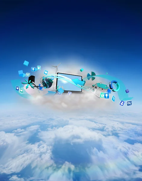 Laptop på flytande moln med apps — Stockfoto