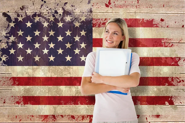 Student leende mot usa flaggan — Stockfoto