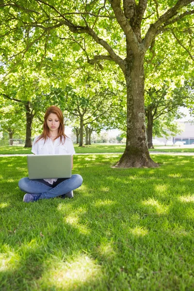 Ruiva usando seu laptop no parque — Fotografia de Stock