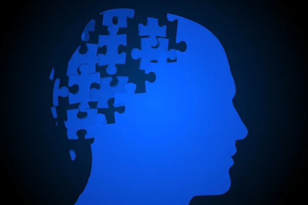 Blue jigsaw head with missing pieces — Stock Photo, Image