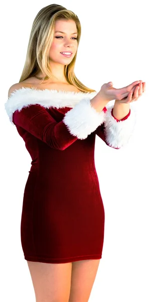 Hübsches Mädchen hält die Hände im Weihnachtsmann-Outfit aus — Stockfoto