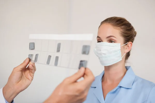 Dentista e assistente che studia i raggi X — Foto Stock