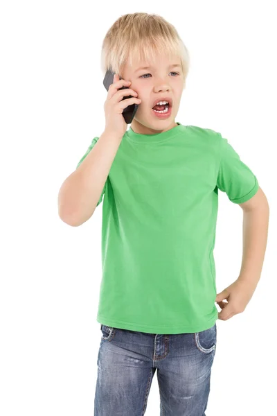 Söt liten pojke talar på smartphone — Stockfoto