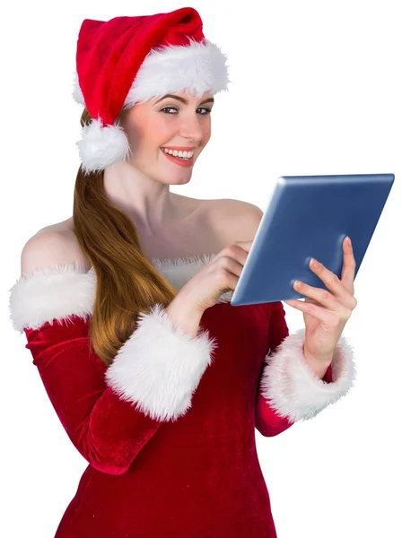 Mooi santa meisje met behulp van tablet pc — Stockfoto