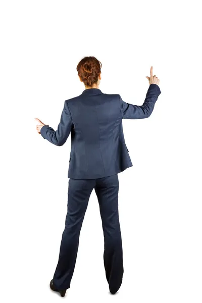 Businesswoman in suit pointing fingers — Stock Photo, Image
