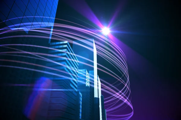 Purple light beams over skyscrapers — Stock Photo, Image