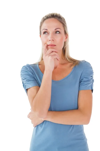 Thinking pretty blonde looking up — Stock Photo, Image