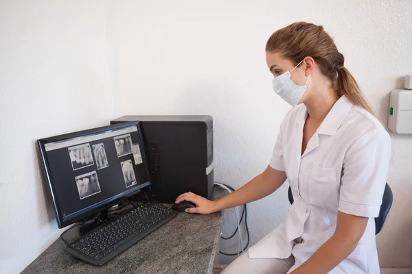 Asistente dental mirando rayos X en la computadora — Foto de Stock