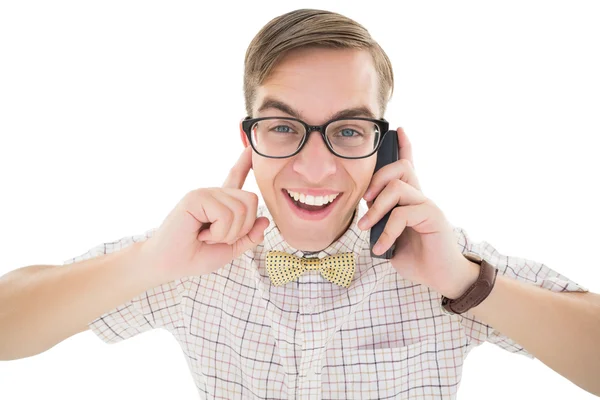 Nerdy hipster talking on retro phone — Stock Photo, Image