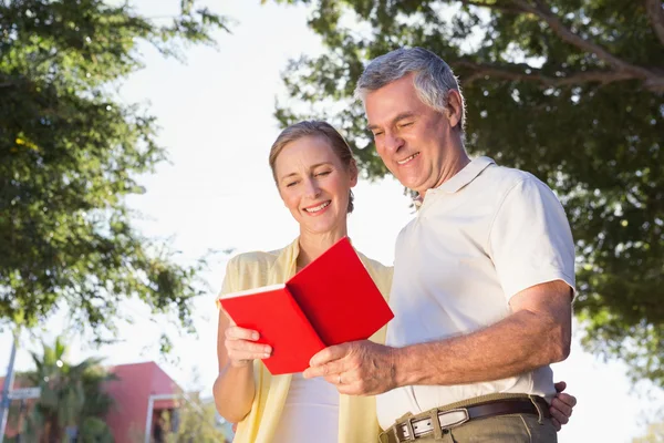 Lyckliga äldre par med guideboken — Stockfoto