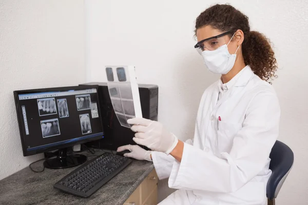 Dentista examinando rayos X en la computadora — Foto de Stock