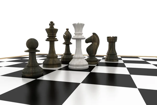 White queen surrounded by black pieces — Stock Photo, Image