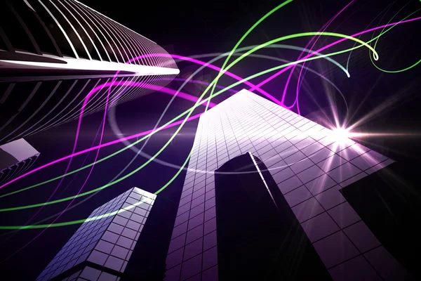 Purple light beams over skyscrapers — Stock Photo, Image