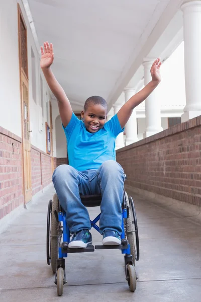 Cute disabled pupil in hall — Stock Photo, Image