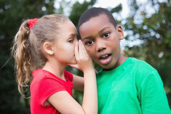 Lindos niños compartiendo chismes afuera — Foto de Stock