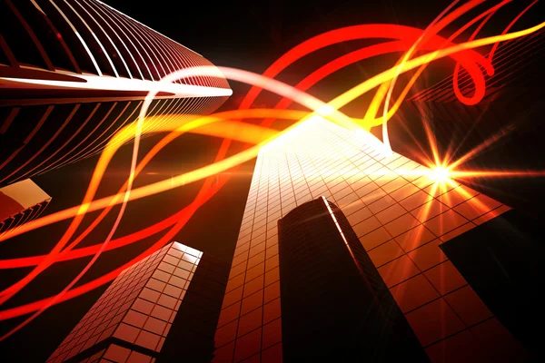 Orange light beams over skyscrapers — Stock Photo, Image