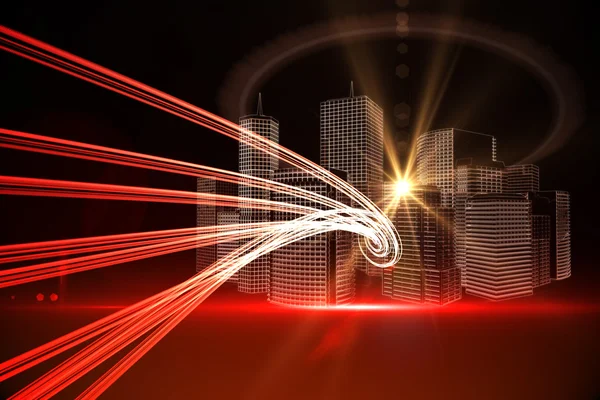 Red light beams over skyscrapers — Stock Photo, Image