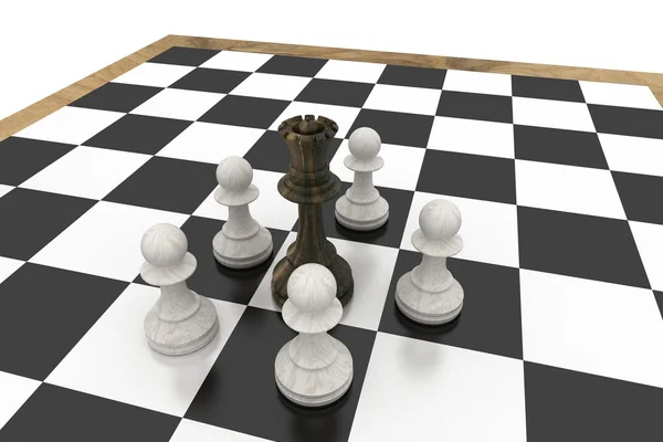 Black queen surrounded by white pawns — Stock Photo, Image