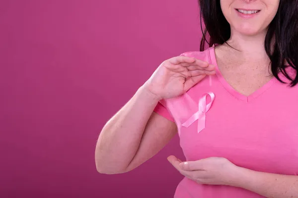 Midsection Happy Caucasian Woman Pink Tshirt Ribbon Gesturing Breast Cancer — Stock Photo, Image