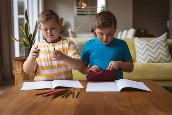 Zwei Kaukasische Jungen Die Hause Wohnzimmer Ihre Bücher Zeichnen Kindheits — Stockfoto