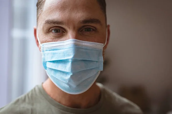 Close View Caucasian Man Wearing Face Mask Home Coronavirus Covid — Stock Photo, Image