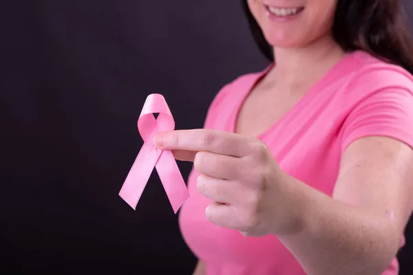 Midsection Happy Caucasian Woman Pink Tshirt Holding Pink Ribbon Breast — Stock Photo, Image